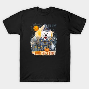 Samoyed Happy Howl-o-ween Ghost Houses Funny Watercolor T-Shirt